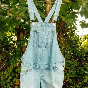 Maternity Light wash distressed denim overalls